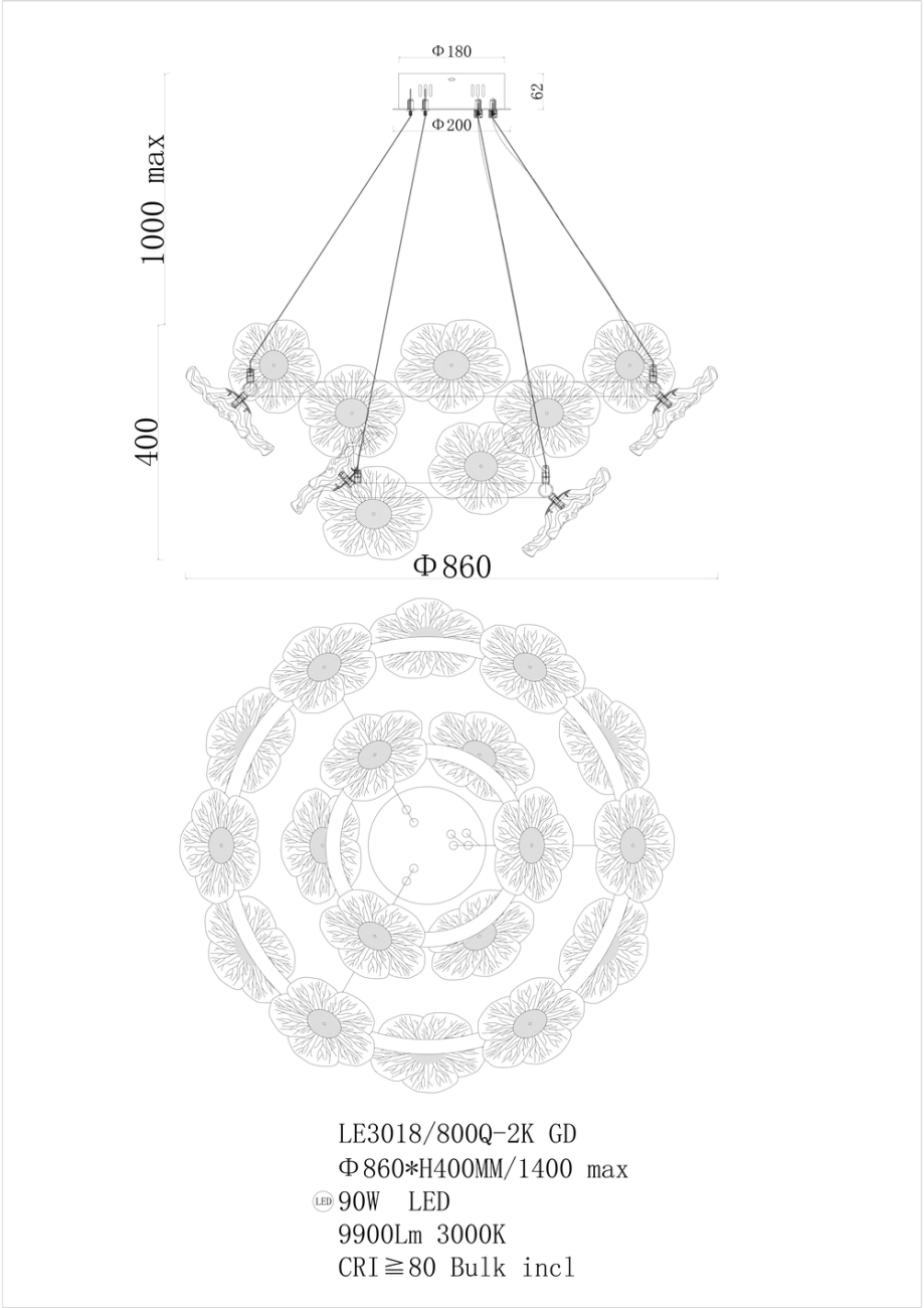 Подвесная люстра violetta le3018/800q-2k gd