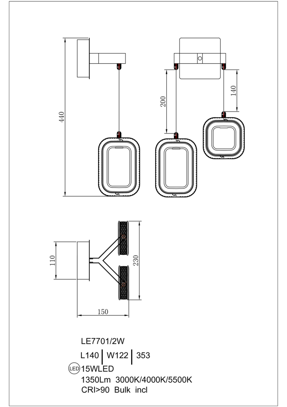 Бра theona le7701/2w grey/gold