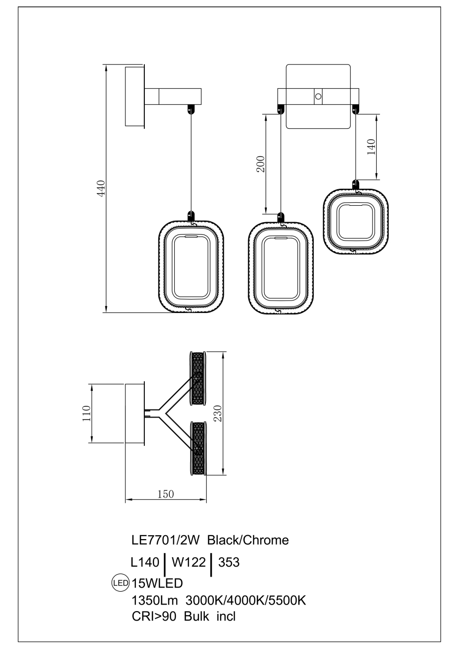 Бра theona le7701/2w grey/black chrome